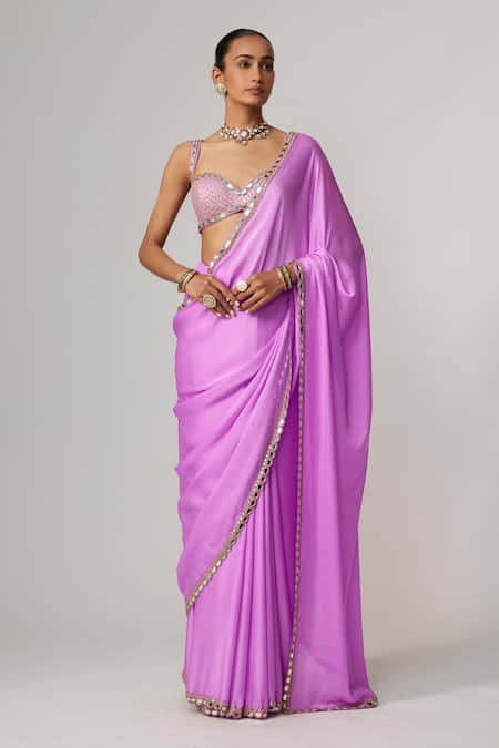 Vvani by Vani Vats Mauve Satin, Georgette Gota Patti Sweetheart Neck Saree Set 