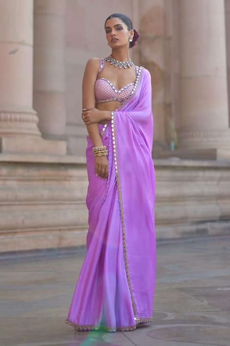 Shop Vvani By Vani Vats Mauve Satin, Georgette Gota Patti Sweetheart Neck Saree Set Online at Aza Fashions Shop_Vvani By Vani Vats_Mauve Satin, Georgette Gota Patti Sweetheart Neck Saree Set _Online_at_Aza_Fashions