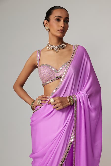 Vvani By Vani Vats Mauve Satin, Georgette Gota Patti Sweetheart Neck Saree Set at Aza Fashions Vvani By Vani Vats_Mauve Satin, Georgette Gota Patti Sweetheart Neck Saree Set _at_Aza_Fashions