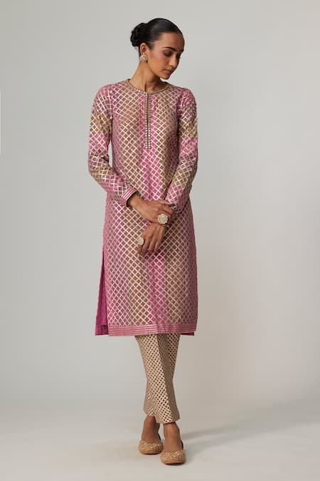 Vvani by Vani Vats Multi Color Georgette Gota Patti Round Neck Mud Mauve Multicolor Kurta Set 