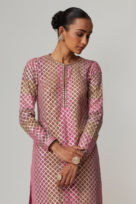 Vvani By Vani Vats_Multi Color Georgette Gota Patti Round Neck Mud Mauve Multicolor Kurta Set _Online_at_Aza_Fashions