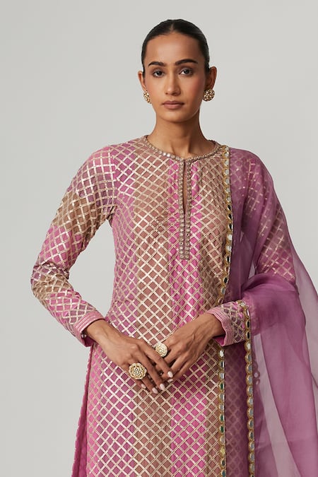 Buy_Vvani By Vani Vats_Beige Georgette, Organza Gota Patti Round Neck Multicolor Kurta Set With Dupatta _Online_at_Aza_Fashions