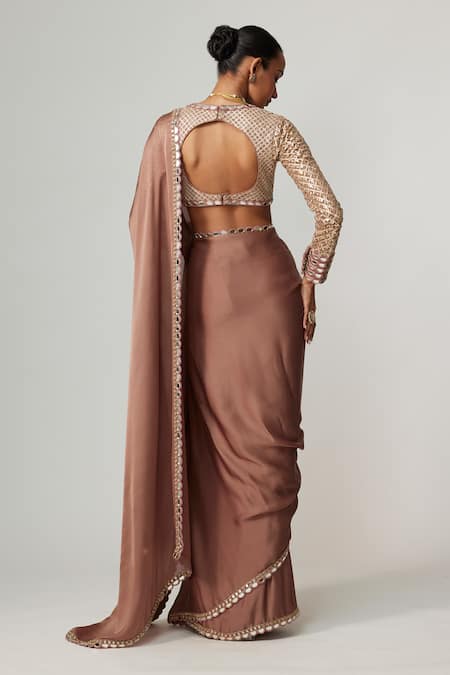 Vvani By Vani Vats Deep Beige Satin Saree Set 