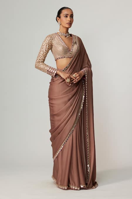 Vvani By Vani Vats Beige Satin, Georgette Gota Patti V-neck Deep Saree Set Online at Aza Fashions Vvani By Vani Vats_Beige Satin, Georgette Gota Patti V-neck Deep Saree Set _Online_at_Aza_Fashions