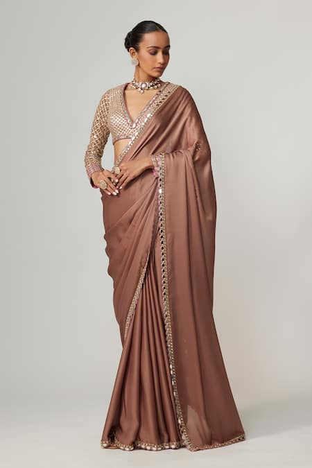 Buy Vvani By Vani Vats Beige Satin, Georgette Gota Patti V-neck Deep Saree Set Online at Aza Fashions Buy_Vvani By Vani Vats_Beige Satin, Georgette Gota Patti V-neck Deep Saree Set _Online_at_Aza_Fashions