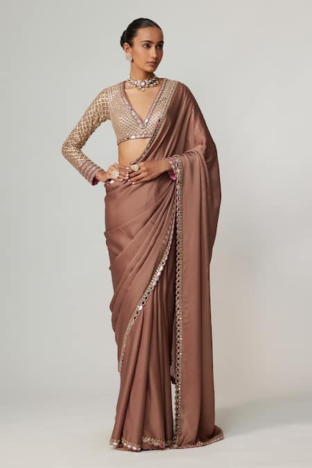 Shop Vvani By Vani Vats Beige Satin, Georgette Gota Patti V-neck Deep Saree Set Online at Aza Fashions Shop_Vvani By Vani Vats_Beige Satin, Georgette Gota Patti V-neck Deep Saree Set _Online_at_Aza_Fashions