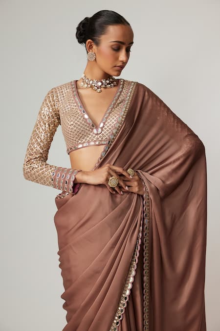 Vvani By Vani Vats Beige Satin, Georgette Gota Patti V-neck Deep Saree Set at Aza Fashions Vvani By Vani Vats_Beige Satin, Georgette Gota Patti V-neck Deep Saree Set _at_Aza_Fashions