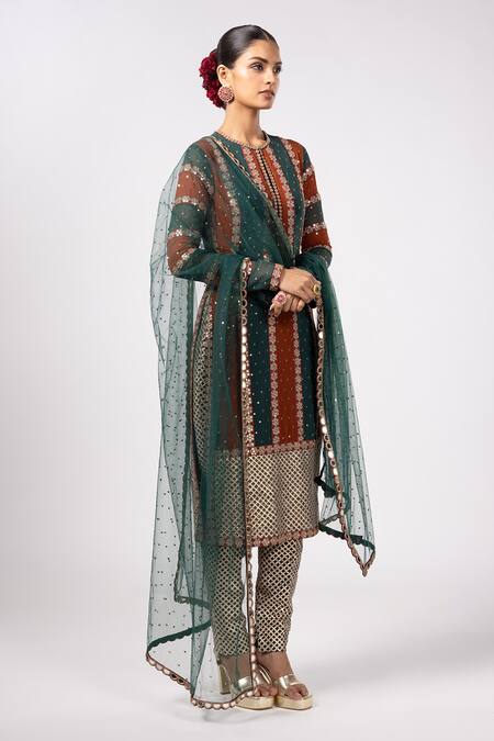 Vvani By Vani Vats Green Georgette, Net Gota Patti Round Neck Multicolor Jade Kurta Set Online at Aza Fashions Vvani By Vani Vats_Green Georgette, Net Gota Patti Round Neck Multicolor Jade Kurta Set _Online_at_Aza_Fashions