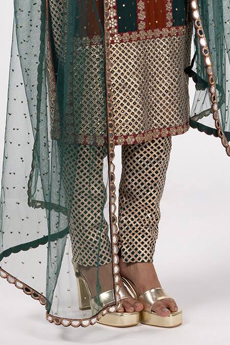 Shop Vvani By Vani Vats Green Georgette, Net Gota Patti Round Neck Multicolor Jade Kurta Set Online at Aza Fashions Shop_Vvani By Vani Vats_Green Georgette, Net Gota Patti Round Neck Multicolor Jade Kurta Set _Online_at_Aza_Fashions