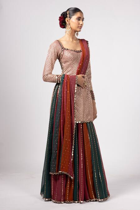 Vvani By Vani Vats Beige Georgette Sequins Square Neck Multicolor Kurta Lehenga Set Online at Aza Fashions Vvani By Vani Vats_Beige Georgette Sequins Square Neck Multicolor Kurta Lehenga Set _Online_at_Aza_Fashions