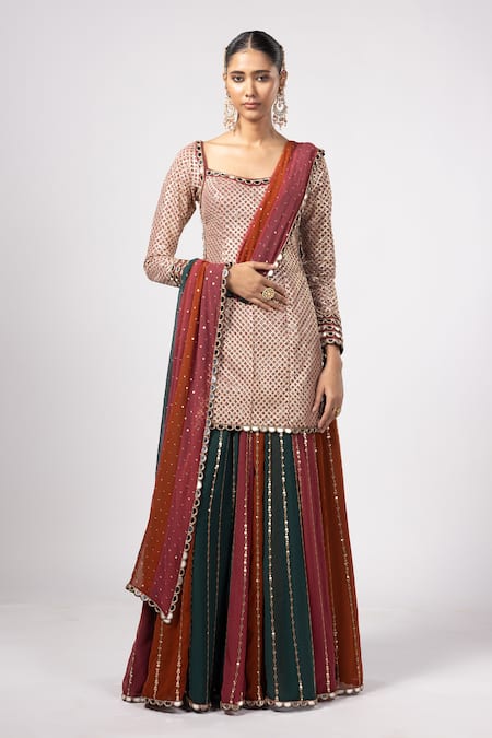 Vvani by Vani Vats Beige Georgette Sequins Square Neck Multicolor Kurta Lehenga Set 