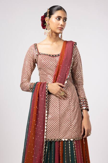 Shop Vvani By Vani Vats Beige Georgette Sequins Square Neck Multicolor Kurta Lehenga Set Online at Aza Fashions Shop_Vvani By Vani Vats_Beige Georgette Sequins Square Neck Multicolor Kurta Lehenga Set _Online_at_Aza_Fashions