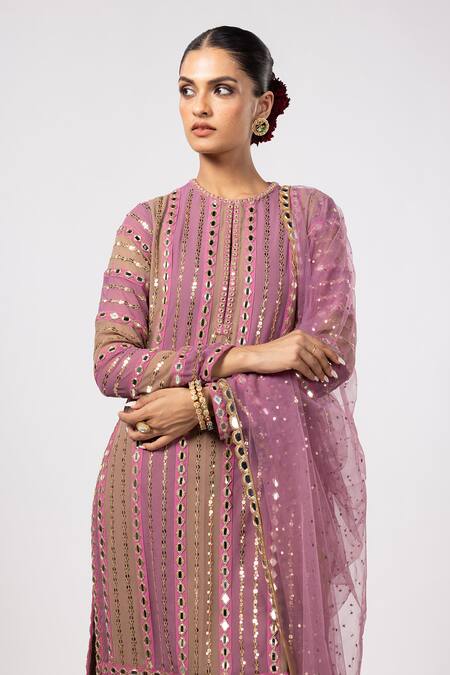 Vvani By Vani Vats Multi Color Georgette, Net Gota Patti, Mirrors Round Neck Mud Mauve Kurta Set Online at Aza Fashions Vvani By Vani Vats_Multi Color Georgette, Net Gota Patti, Mirrors Round Neck Mud Mauve Kurta Set _Online_at_Aza_Fashions