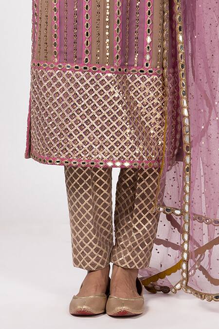Buy Vvani By Vani Vats Multi Color Georgette, Net Gota Patti, Mirrors Round Neck Mud Mauve Kurta Set Online at Aza Fashions Buy_Vvani By Vani Vats_Multi Color Georgette, Net Gota Patti, Mirrors Round Neck Mud Mauve Kurta Set _Online_at_Aza_Fashions