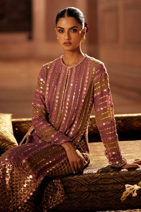 Shop Vvani By Vani Vats Multi Color Georgette, Net Gota Patti, Mirrors Round Neck Mud Mauve Kurta Set Online at Aza Fashions Shop_Vvani By Vani Vats_Multi Color Georgette, Net Gota Patti, Mirrors Round Neck Mud Mauve Kurta Set _Online_at_Aza_Fashions