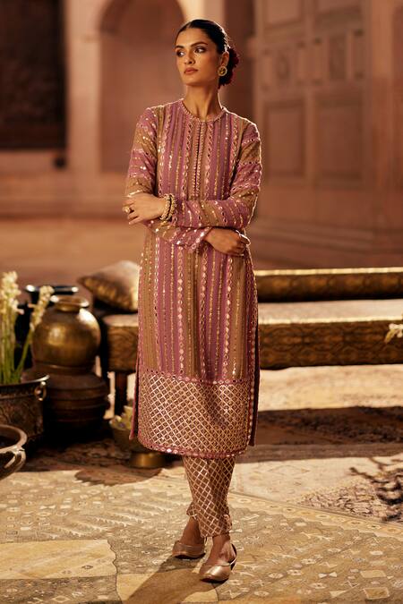 Vvani By Vani Vats Multi Color Georgette, Net Gota Patti, Mirrors Round Neck Mud Mauve Kurta Set at Aza Fashions Vvani By Vani Vats_Multi Color Georgette, Net Gota Patti, Mirrors Round Neck Mud Mauve Kurta Set _at_Aza_Fashions