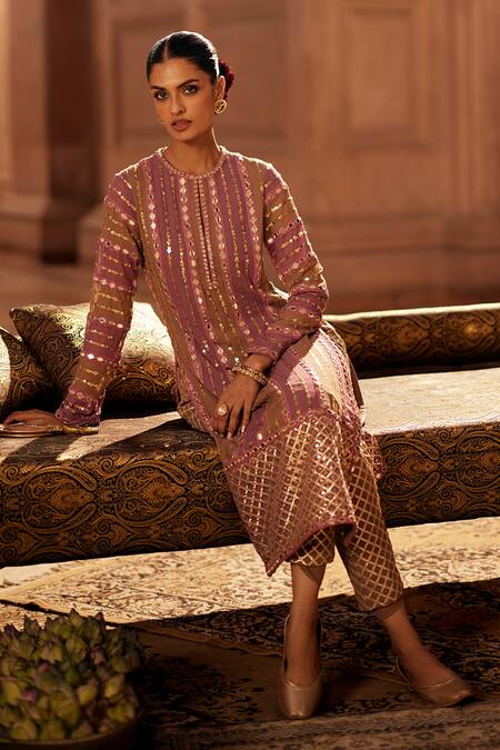 Buy Vvani By Vani Vats Multi Color Georgette, Net Gota Patti, Mirrors Round Neck Mud Mauve Kurta Set Buy_Vvani By Vani Vats_Multi Color Georgette, Net Gota Patti, Mirrors Round Neck Mud Mauve Kurta Set