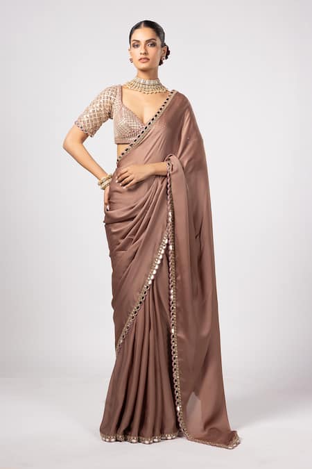 Vvani By Vani Vats Beige Satin, Georgette Gota Patti Sweetheart Neck Deep Saree And Blouse Set Online at Aza Fashions Vvani By Vani Vats_Beige Satin, Georgette Gota Patti Sweetheart Neck Deep Saree And Blouse Set _Online_at_Aza_Fashions