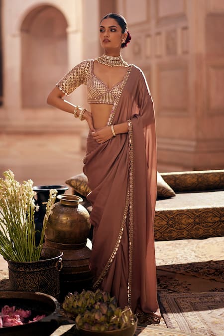 Buy Vvani By Vani Vats Beige Satin, Georgette Gota Patti Sweetheart Neck Deep Saree And Blouse Set Online at Aza Fashions Buy_Vvani By Vani Vats_Beige Satin, Georgette Gota Patti Sweetheart Neck Deep Saree And Blouse Set _Online_at_Aza_Fashions