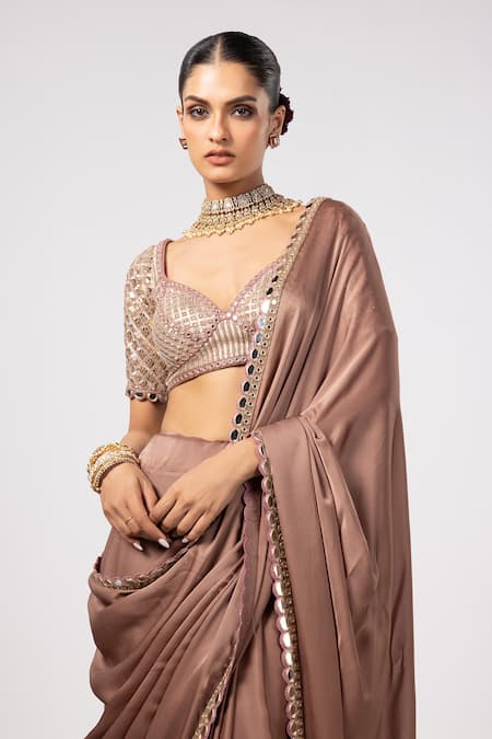 Vvani By Vani Vats Beige Satin, Georgette Gota Patti Sweetheart Neck Deep Saree And Blouse Set at Aza Fashions Vvani By Vani Vats_Beige Satin, Georgette Gota Patti Sweetheart Neck Deep Saree And Blouse Set _at_Aza_Fashions