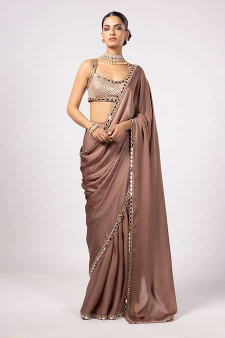 Vvani by Vani Vats Beige Satin, Georgette Gota Patti Square Neck Deep Saree And Blouse Set 