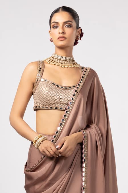 Buy_Vvani By Vani Vats_Beige Satin, Georgette Gota Patti Square Neck Deep Saree And Blouse Set _Online_at_Aza_Fashions