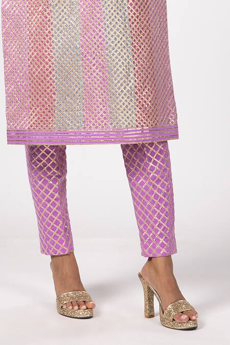 Vvani By Vani Vats_Multi Color Georgette Gota Patti Round Neck Multicolor Aqua Kurta Set _Online_at_Aza_Fashions