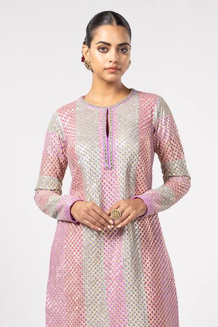 Buy_Vvani By Vani Vats_Multi Color Georgette Gota Patti Round Neck Multicolor Aqua Kurta Set _Online_at_Aza_Fashions