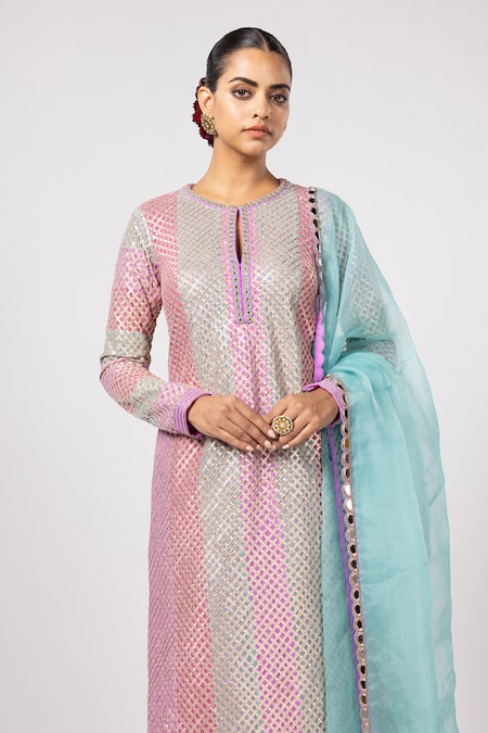 Vvani By Vani Vats_Multi Color Georgette, Organza Gota Patti Keyhole Neck Multicolor Aqua Kurta Set _Online_at_Aza_Fashions