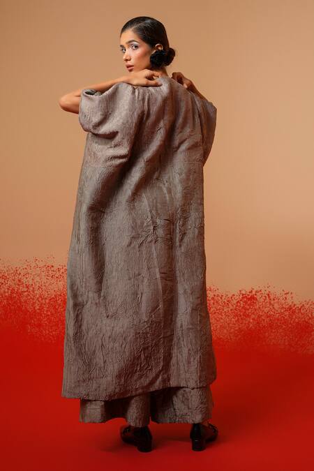 Buy Stoique Gray Silk Round Neck Grey Mysore Long Kurta Buy_Stoique_Gray Silk Round Neck Grey Mysore Long Kurta