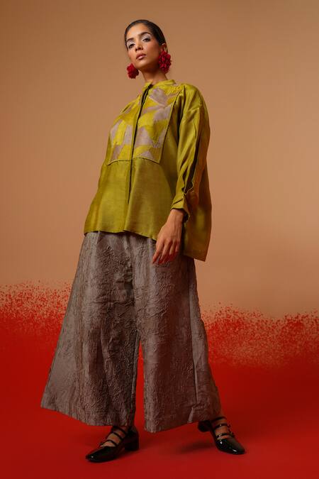 Stoique_Green Silk Embroidery Mandarin Collar Mysore Shirt _Online_at_Aza_Fashions