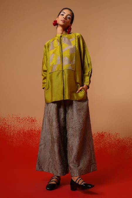 Buy_Stoique_Green Silk Embroidery Mandarin Collar Mysore Shirt _Online_at_Aza_Fashions