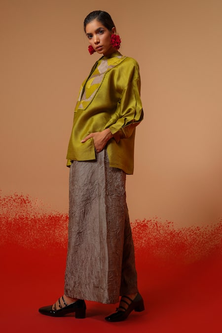 Shop_Stoique_Green Silk Embroidery Mandarin Collar Mysore Shirt _Online_at_Aza_Fashions