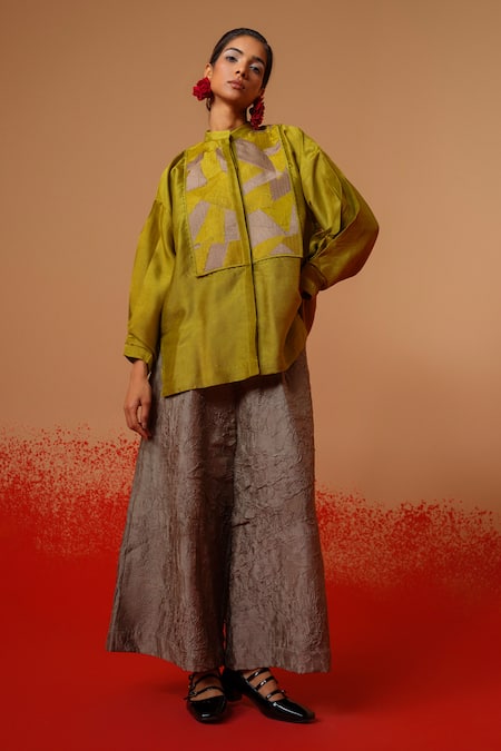 Stoique_Green Silk Embroidery Mandarin Collar Mysore Shirt _at_Aza_Fashions