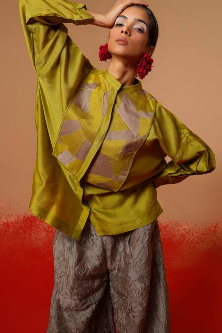 Shop_Stoique_Green Silk Embroidery Mandarin Collar Mysore Shirt 