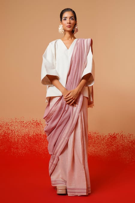 Stoique_Pink Cotton Crushed Pre-draped Saree _Online_at_Aza_Fashions