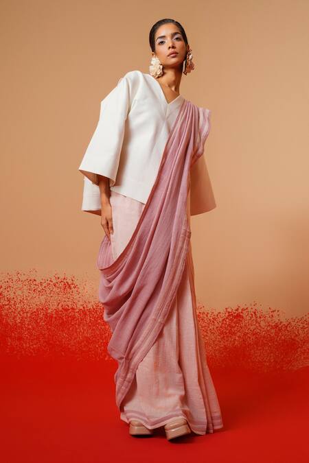 Buy_Stoique_Pink Cotton Crushed Pre-draped Saree _Online_at_Aza_Fashions