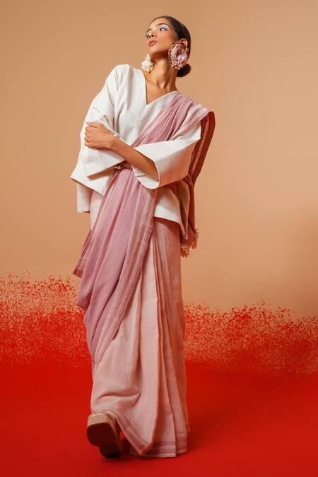 Stoique_Ivory Handloom Cotton V-neck Handwoven Top _Online_at_Aza_Fashions