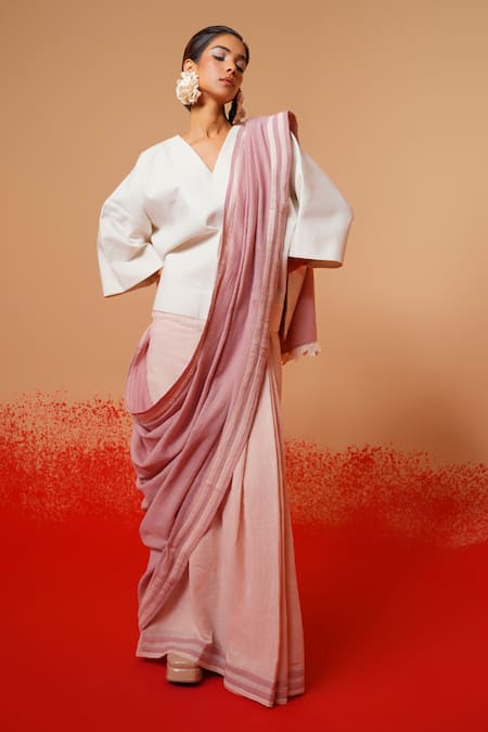 Stoique Ivory Handloom Cotton V-neck Handwoven Top 