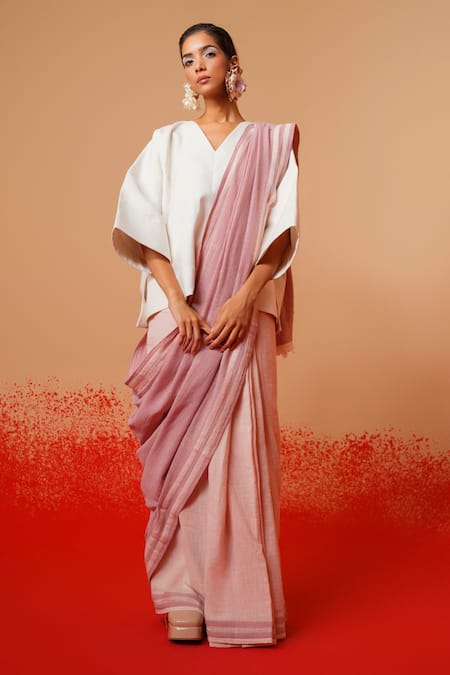 Buy_Stoique_Ivory Handloom Cotton V-neck Handwoven Top _Online_at_Aza_Fashions