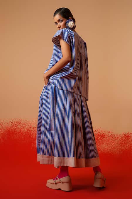 Shop Stoique Blue Cotton Striped Midi Skirt at Aza Fashions Shop_Stoique_Blue Cotton Striped Midi Skirt _at_Aza_Fashions