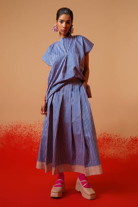 Stoique Blue Cotton Striped Midi Skirt 