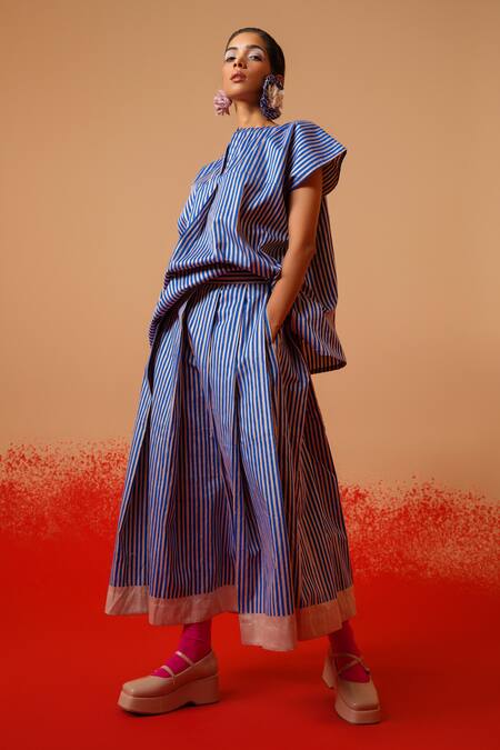 Stoique Blue Cotton Striped Midi Skirt Online at Aza Fashions Stoique_Blue Cotton Striped Midi Skirt _Online_at_Aza_Fashions