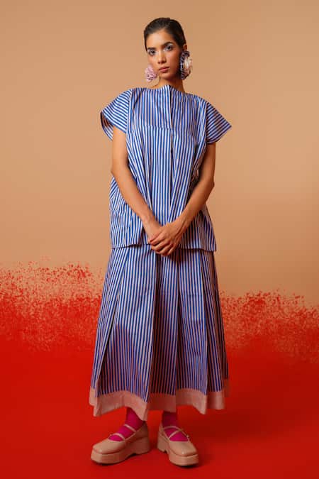 Buy Stoique Blue Cotton Striped Midi Skirt Online at Aza Fashions Buy_Stoique_Blue Cotton Striped Midi Skirt _Online_at_Aza_Fashions