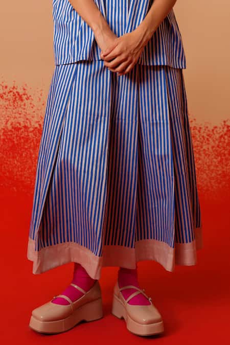 Shop Stoique Blue Cotton Striped Midi Skirt Online at Aza Fashions Shop_Stoique_Blue Cotton Striped Midi Skirt _Online_at_Aza_Fashions