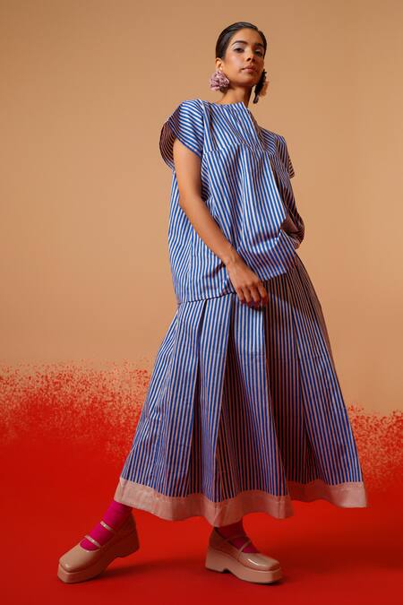 Stoique Blue Cotton Striped Midi Skirt at Aza Fashions Stoique_Blue Cotton Striped Midi Skirt _at_Aza_Fashions