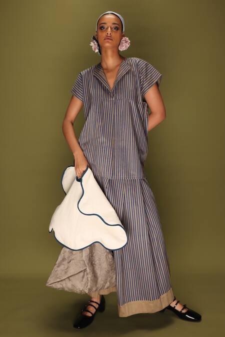 Stoique_Blue Cotton Striped Midi Skirt _Online_at_Aza_Fashions