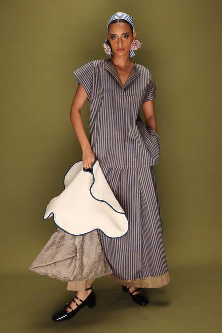 Buy_Stoique_Blue Cotton Striped Midi Skirt _Online_at_Aza_Fashions