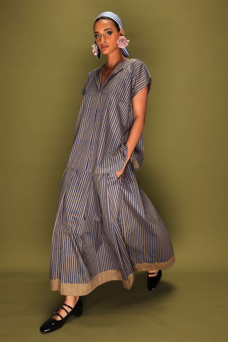 Stoique Blue Cotton Striped Midi Skirt 