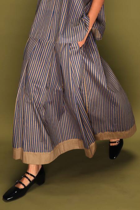 Shop Stoique Blue Cotton Striped Midi Skirt Online at Aza Fashions Shop_Stoique_Blue Cotton Striped Midi Skirt _Online_at_Aza_Fashions